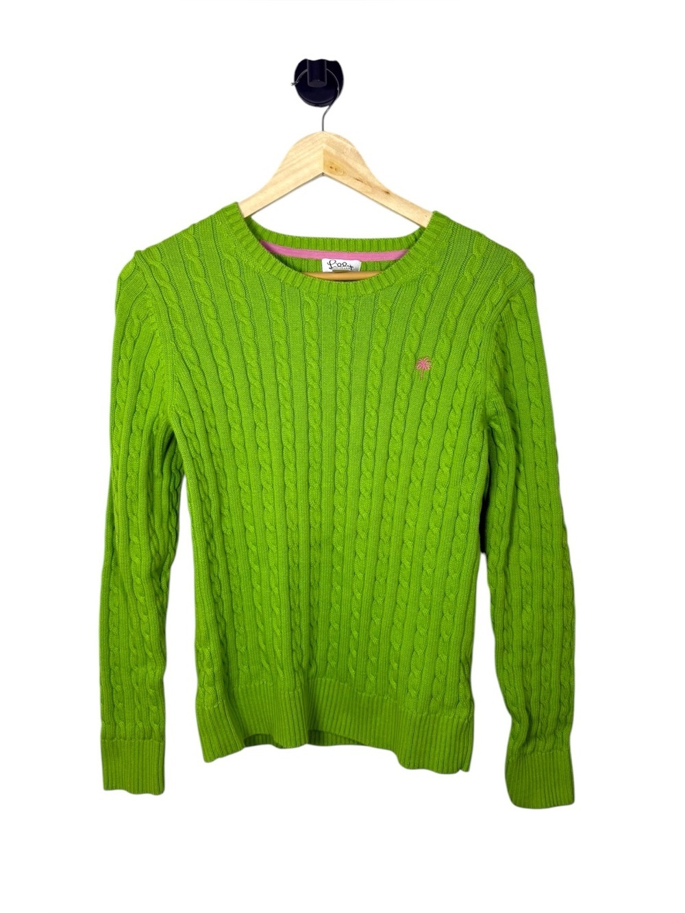 Lilly Pulitzer Vintage Cable Knit Sweater Green Pink Palm Tree Cotton L